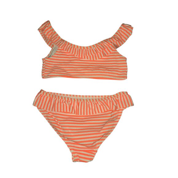 NWT Girls 2-Piece Ruffle Bikini Swimsuit – Size Medium 7/8 Coral Stripe UPF 50+ - Picture 2 of 3